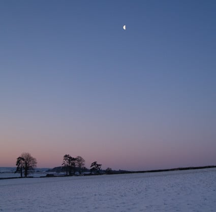 Moon, rise and snow near Exeter
